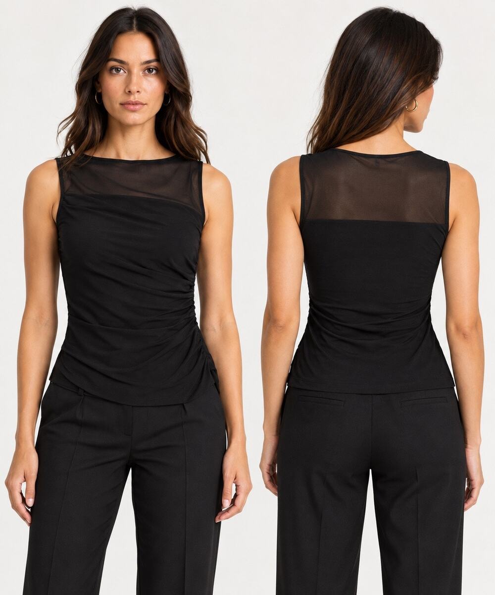 90s Minimalist Y2K Mesh Ruched The Commons Devina Illusion Top Black SP NWT